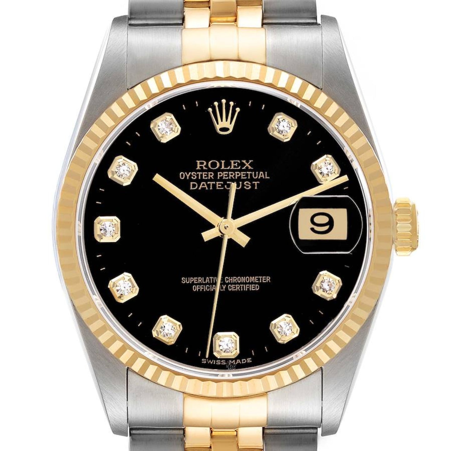 Rolex Datejust Steel Yellow Gold Black Diamond Dial Mens Watch