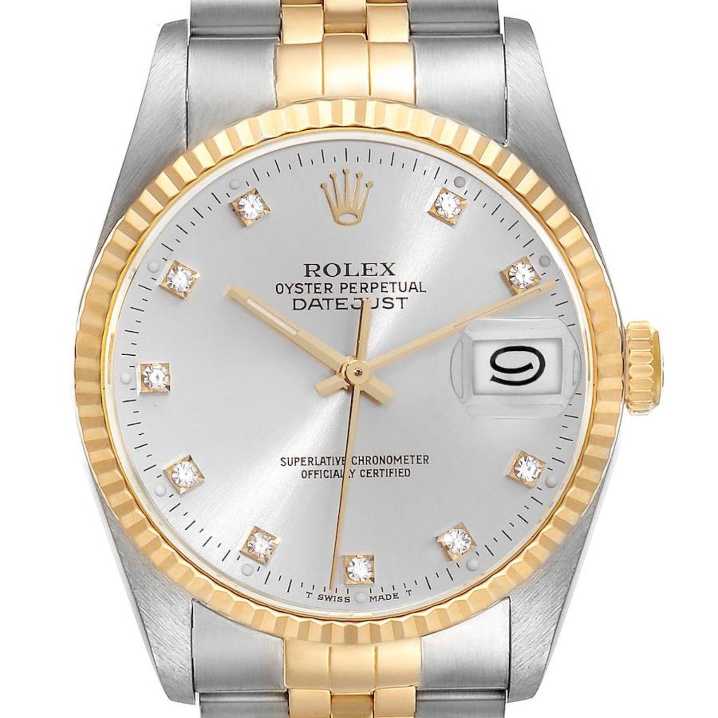 Rolex Datejust Steel Yellow Gold Silver Diamond Dial Mens Watch