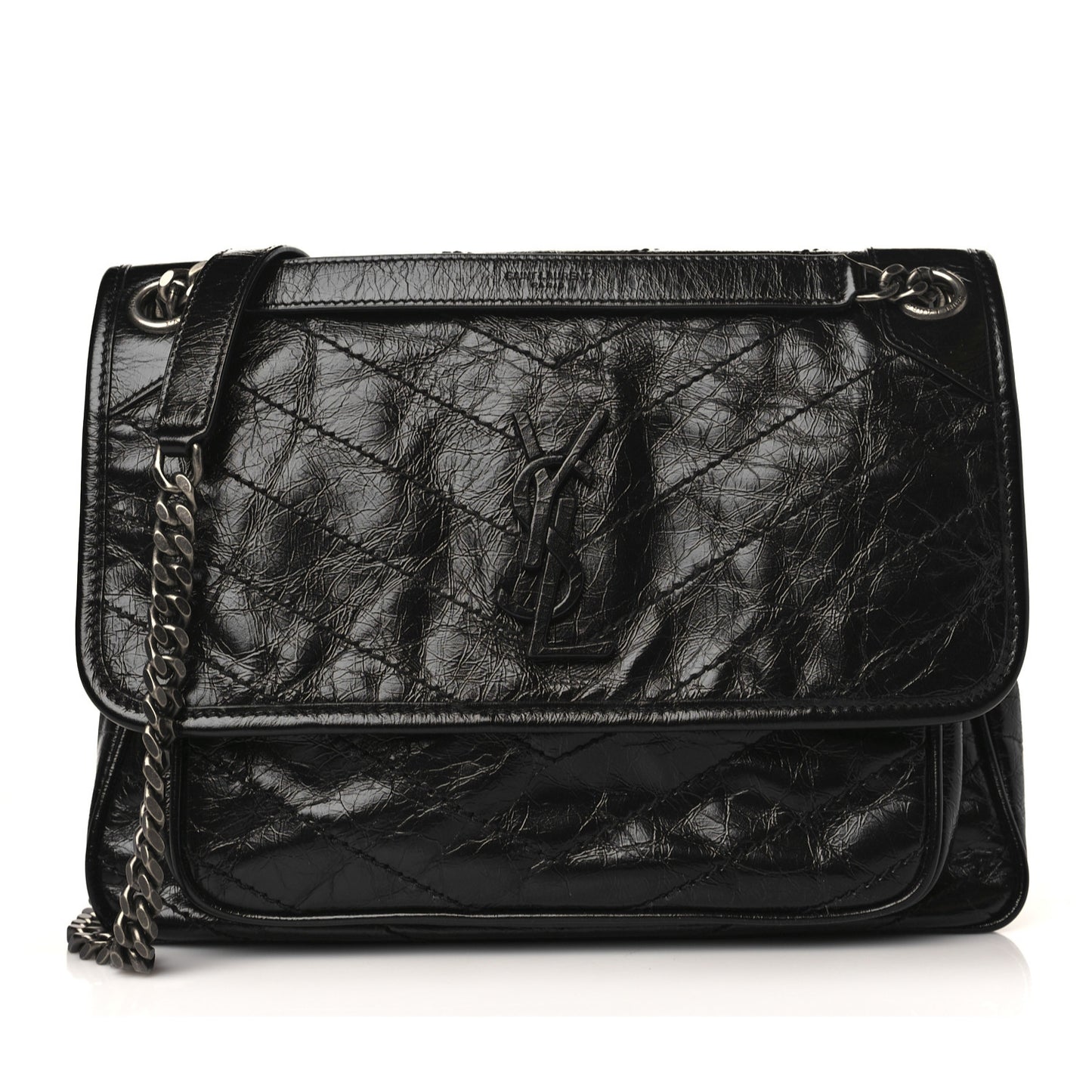 Crinkled Calfskin Matelasse Monogram Medium Niki Chain Satchel Black