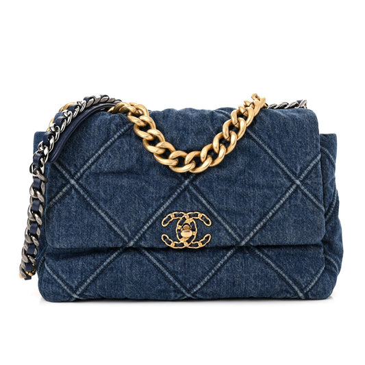Denim Quilted Large Chanel 19 Flap Blue