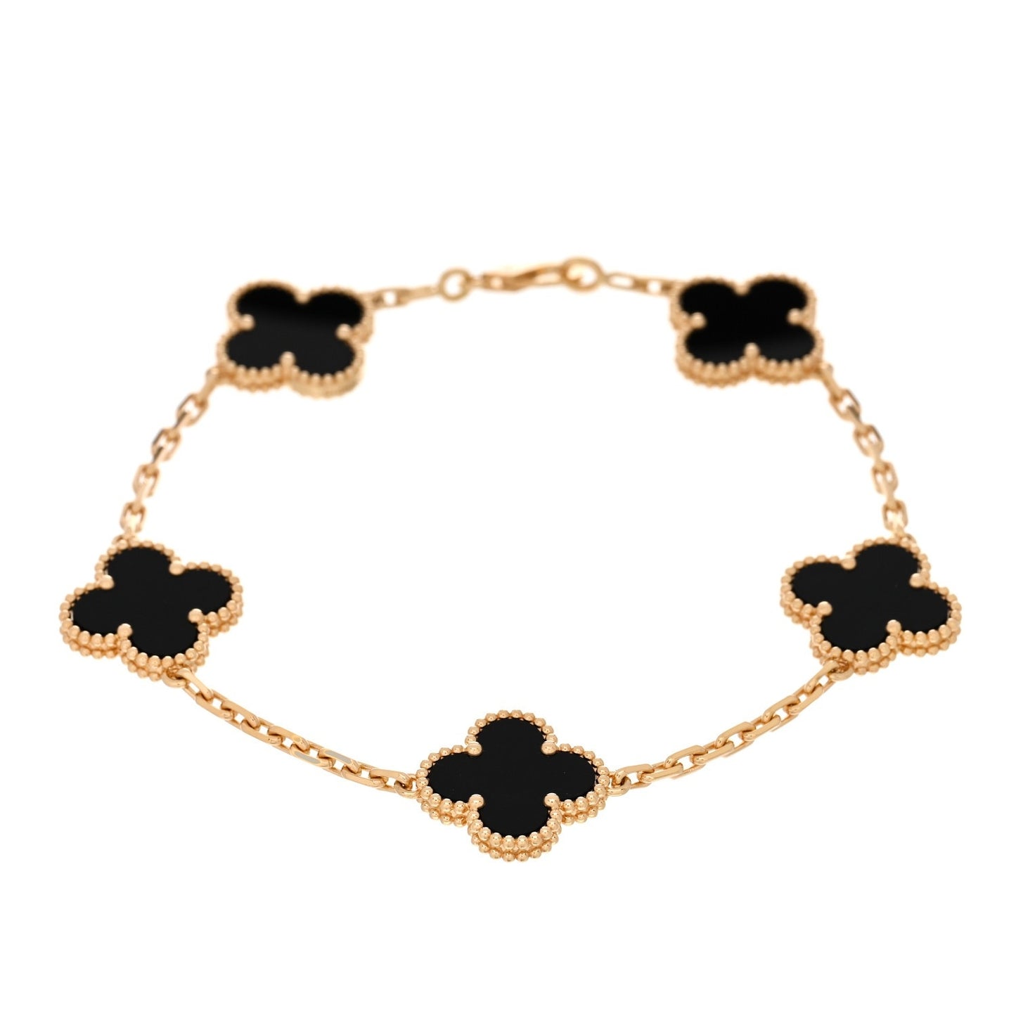 18K Yellow Gold Black Onyx 5 Motifs Vintage Alhambra Bracelet