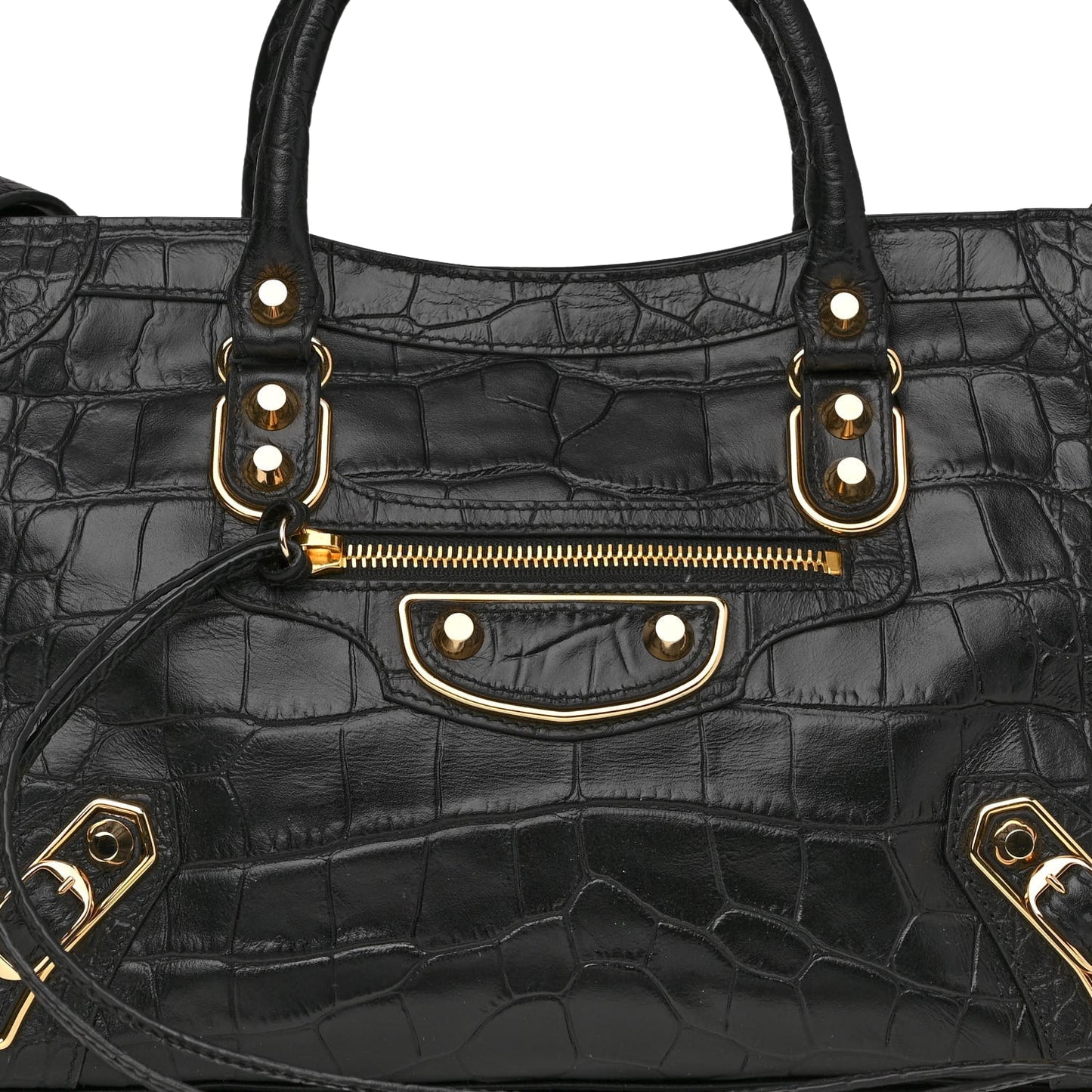 Calfskin Crocodile Embossed Gold Metallic Edge Hardware S City Black