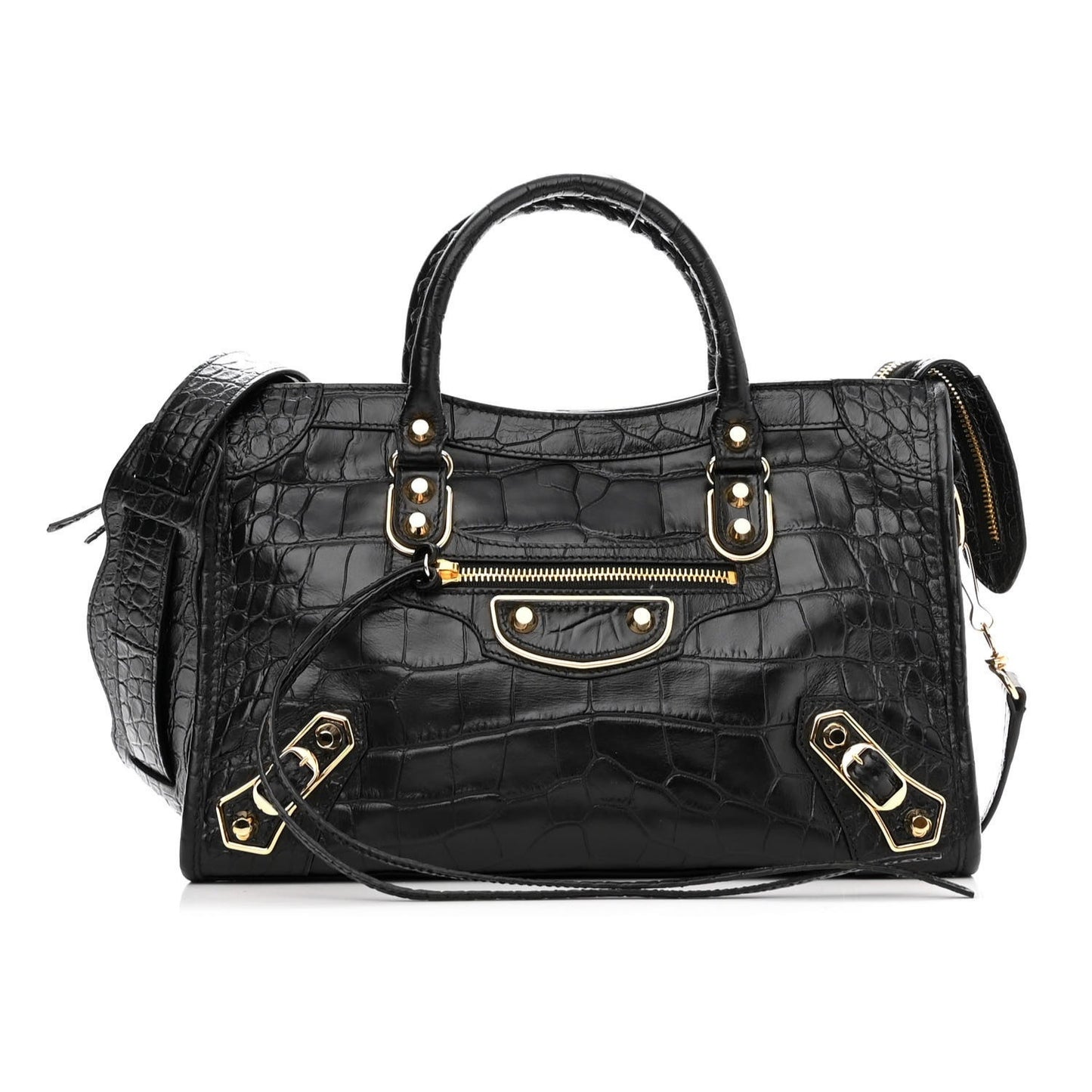 Calfskin Crocodile Embossed Gold Metallic Edge Hardware S City Black