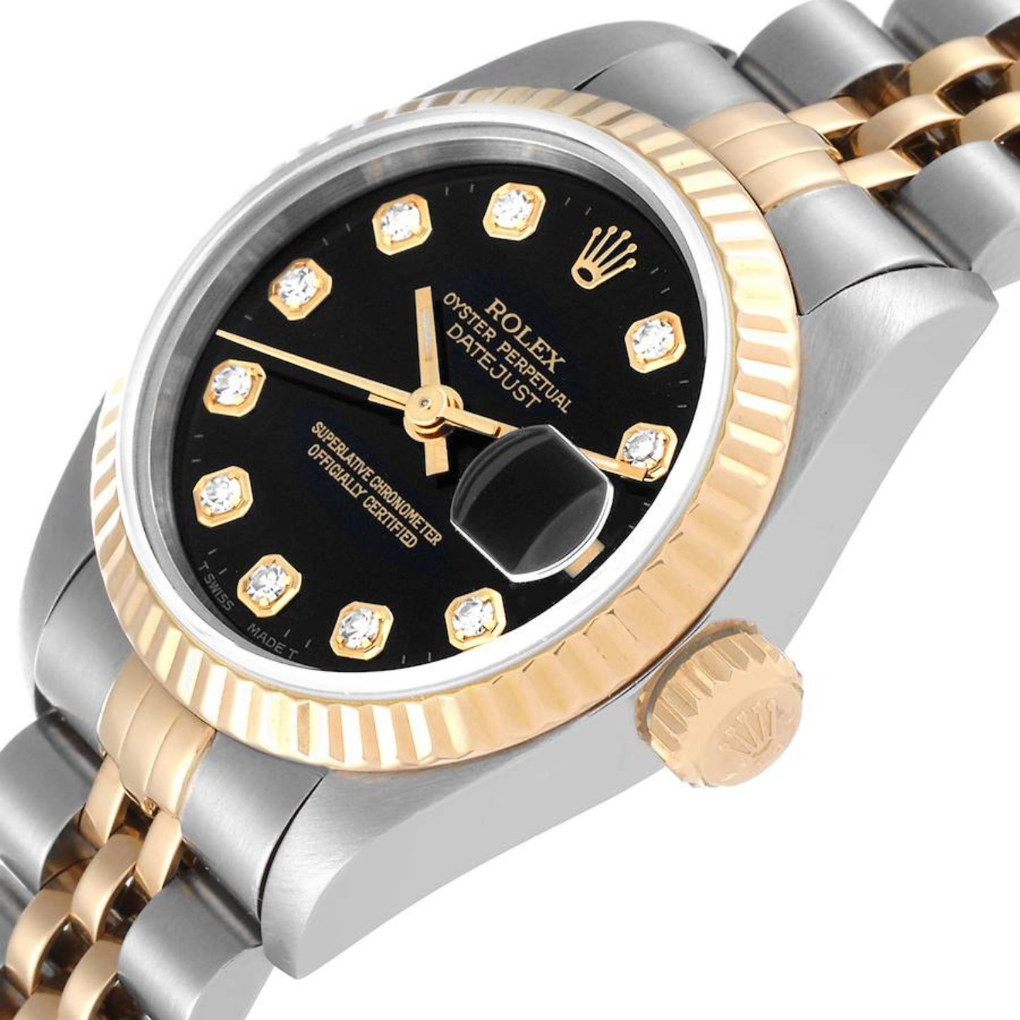 Rolex Datejust 26mm Steel Yellow Gold Black Diamond Dial Ladies Watch