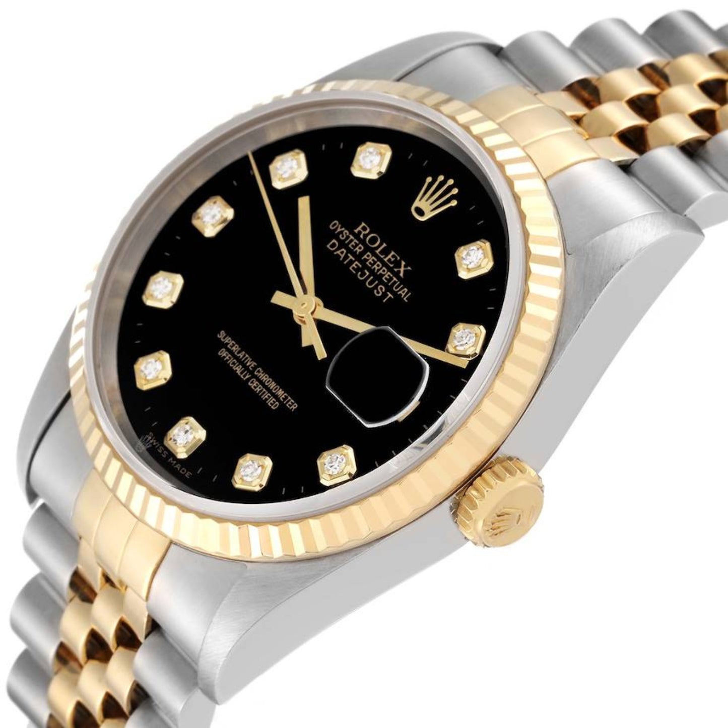 Rolex Datejust Steel Yellow Gold Black Diamond Dial Mens Watch