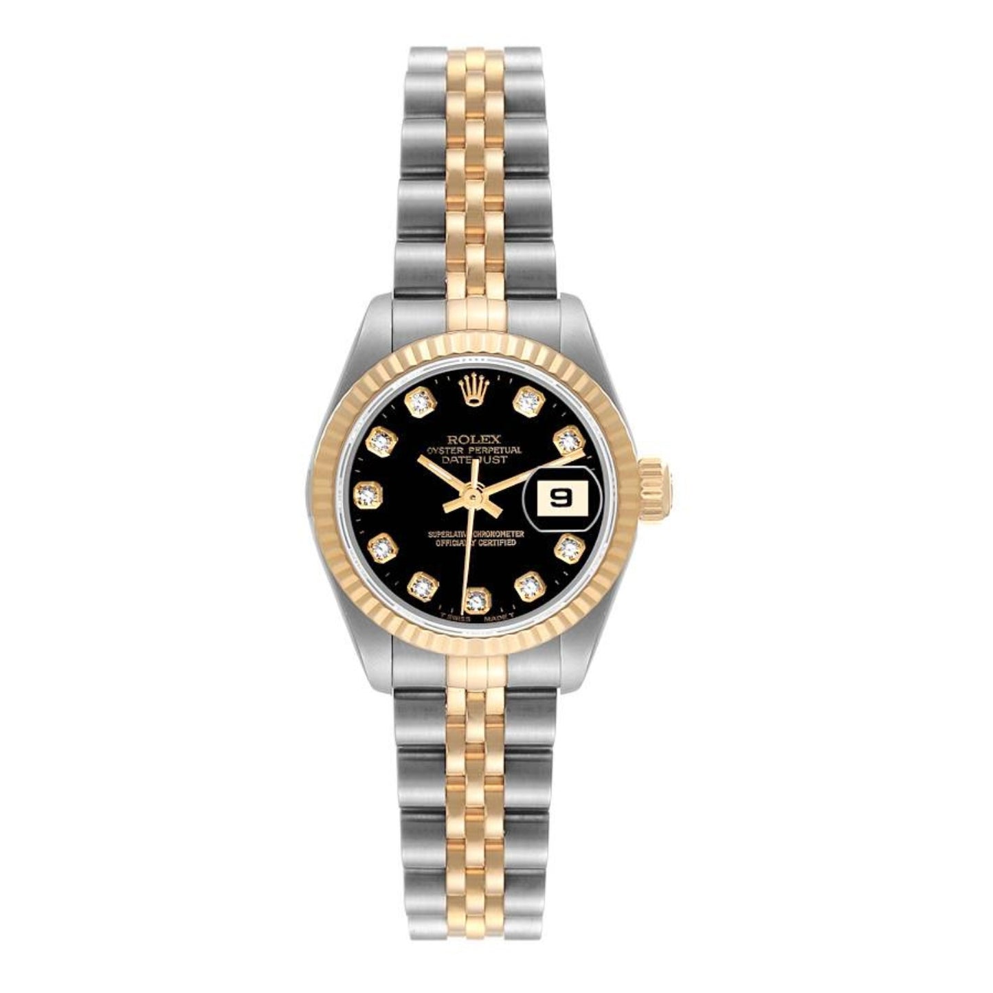 Rolex Datejust 26mm Steel Yellow Gold Black Diamond Dial Ladies Watch