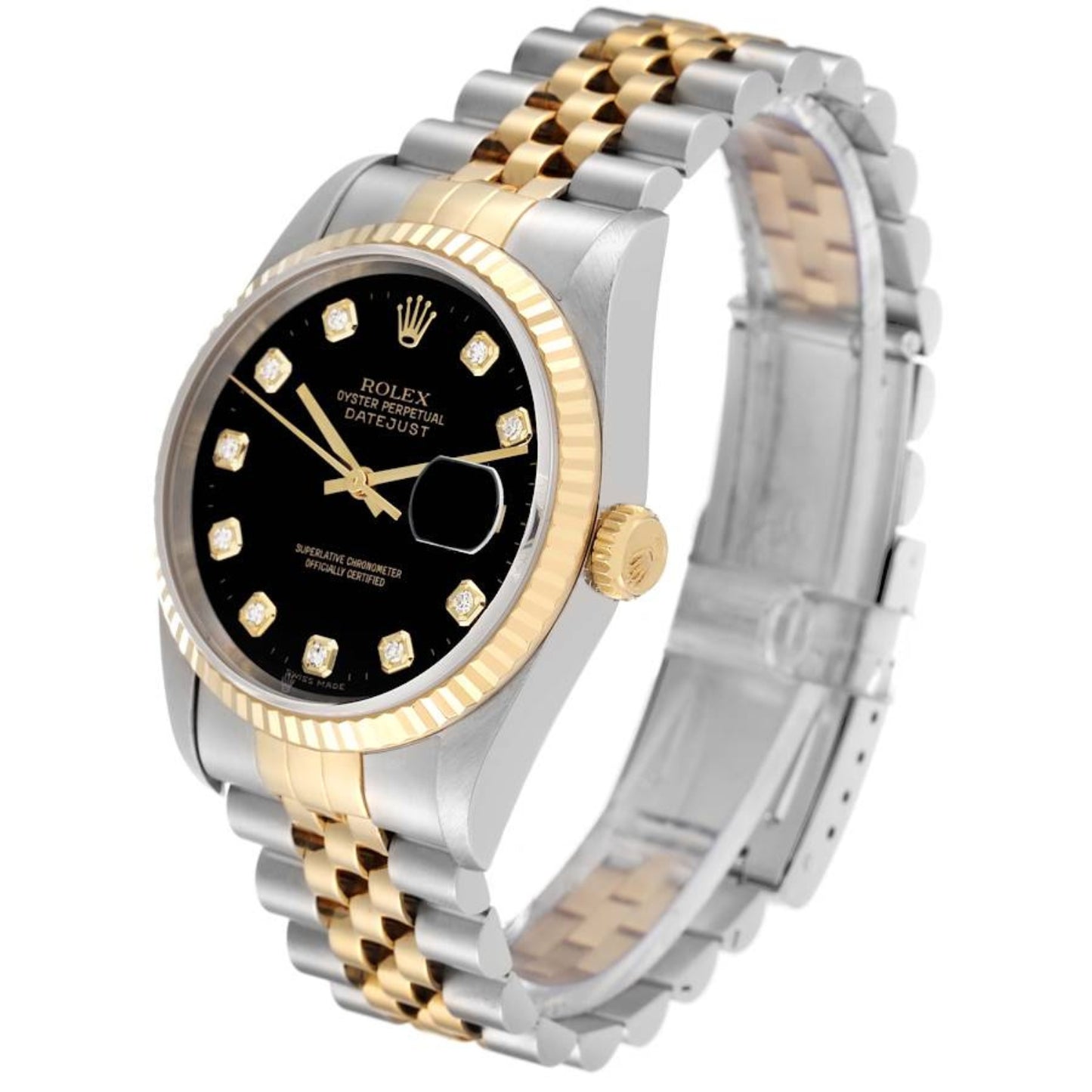 Rolex Datejust Steel Yellow Gold Black Diamond Dial Mens Watch