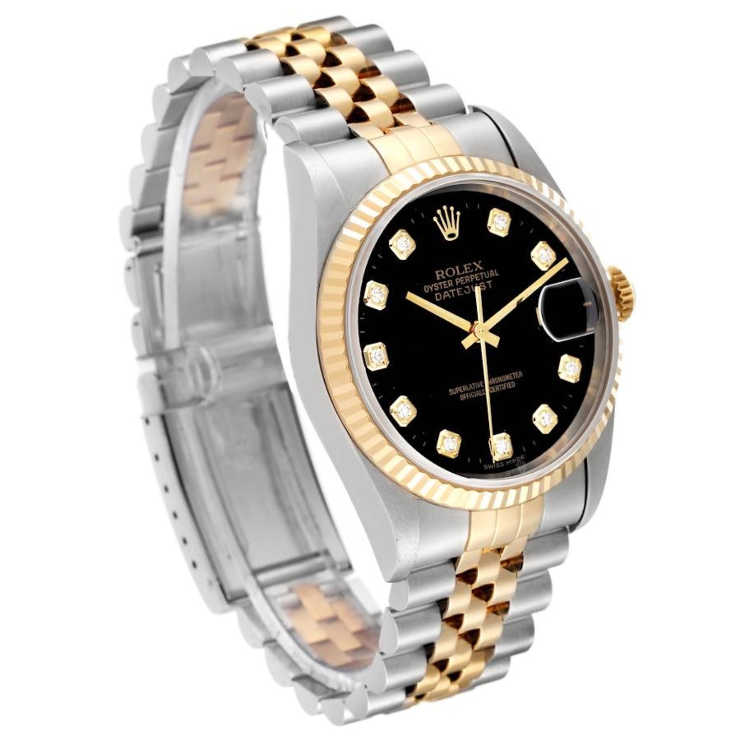 Rolex Datejust Steel Yellow Gold Black Diamond Dial Mens Watch