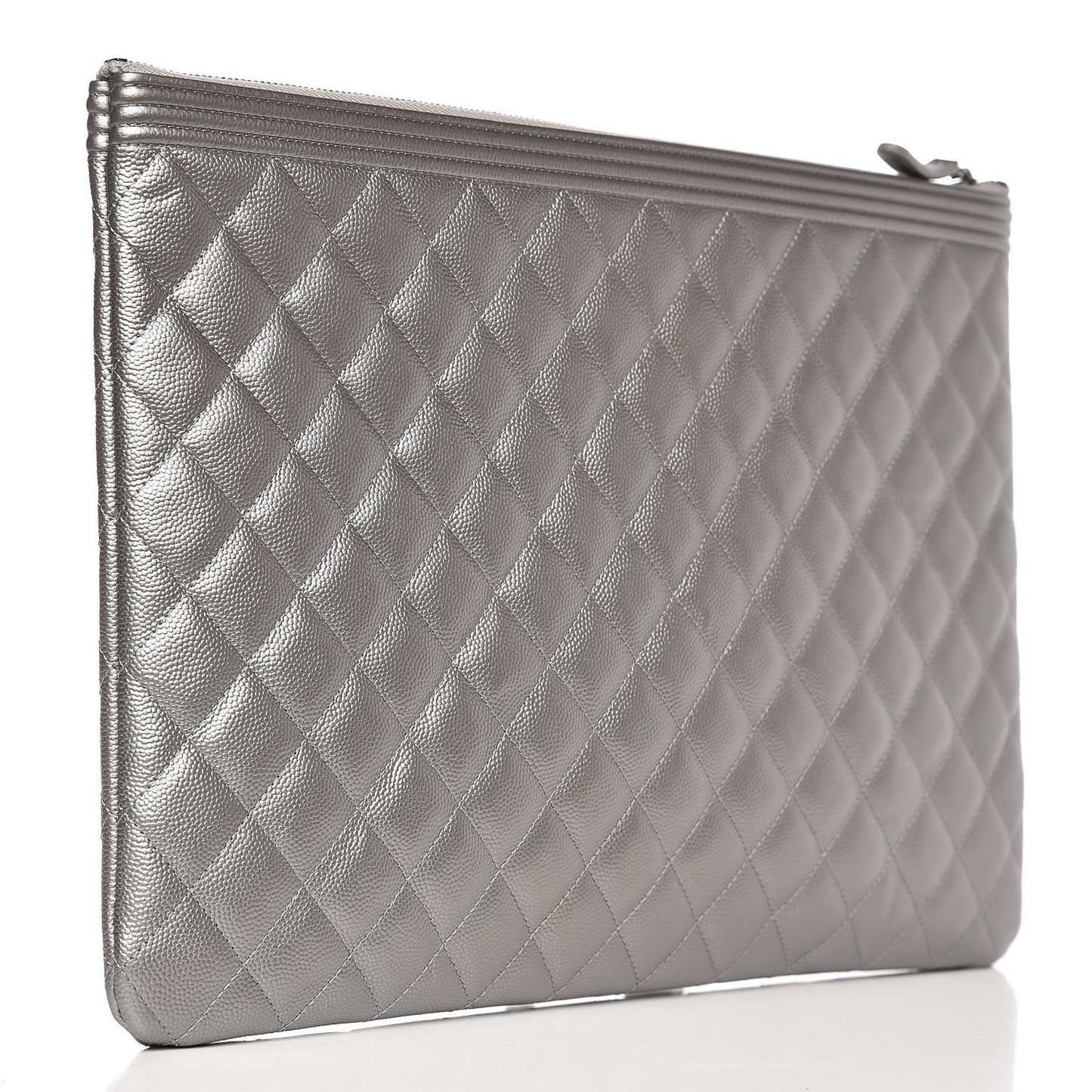 Metallic Caviar Quilted Large Boy Cosmetic Case Silver