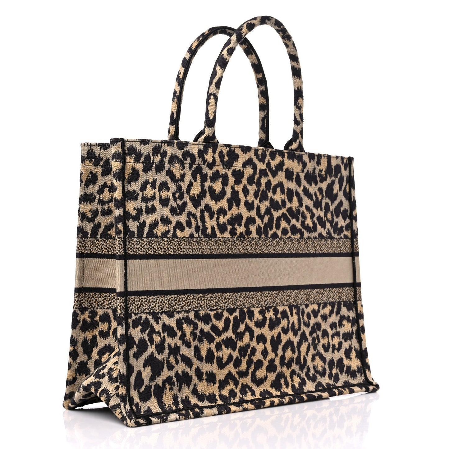 Canvas Mizza Embroidered Large Leopard Book Tote Beige