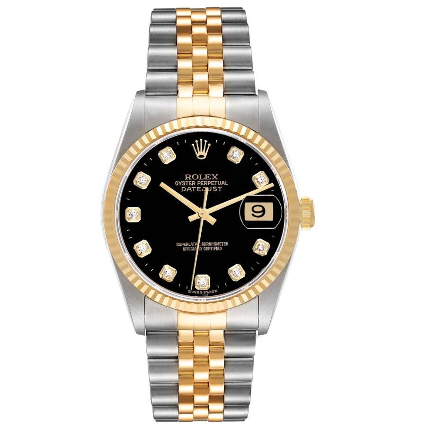 Rolex Datejust Steel Yellow Gold Black Diamond Dial Mens Watch