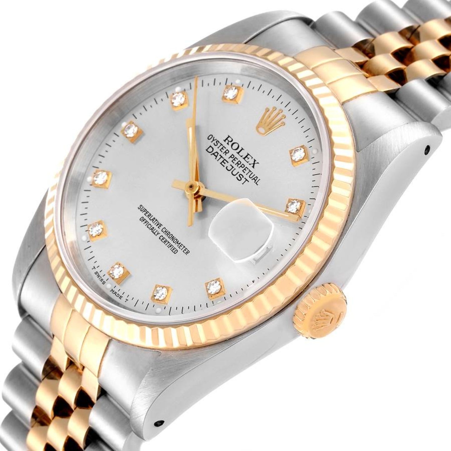 Rolex Datejust Steel Yellow Gold Silver Diamond Dial Mens Watch