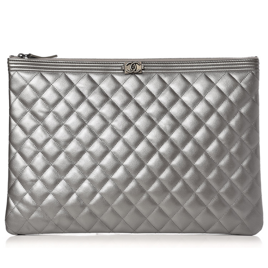 Metallic Caviar Quilted Large Boy Cosmetic Case Silver