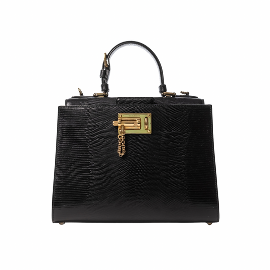 DOLCE & GABBANA Lizard Embossed Calfskin Large Monica Top Handle Bag Black