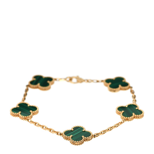 18K Yellow Gold Malachite 5 Motifs Vintage Alhambra Bracelet