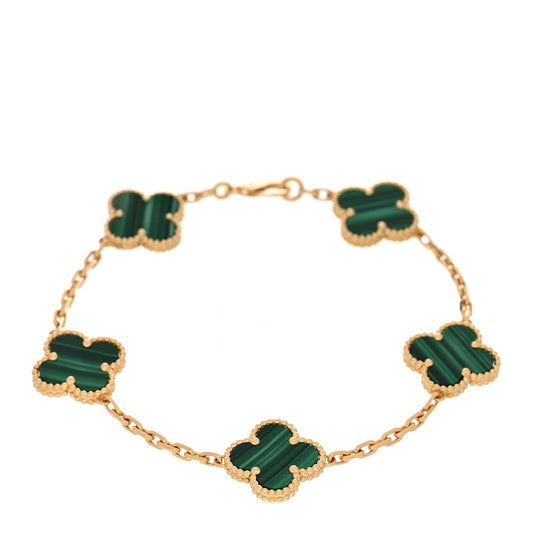 18K Yellow Gold Malachite 5 Motifs Vintage Alhambra Bracelet