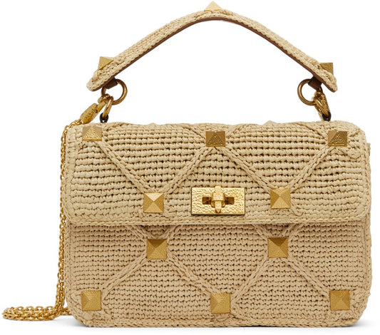 Valentino Garavani Beige Raffia Roman Stud Shoulder Bag