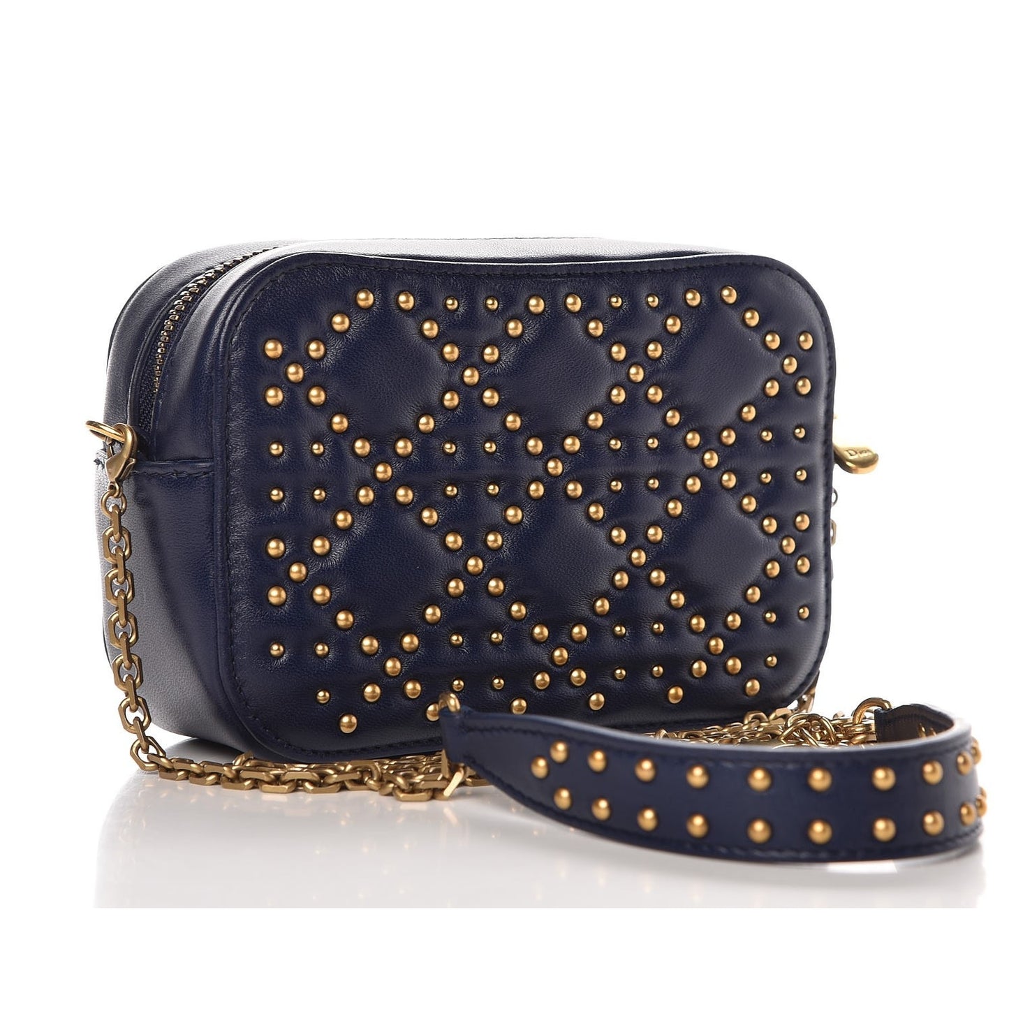Lambskin Cannage Studded Lady Dior Camera Case Pouch Blue
