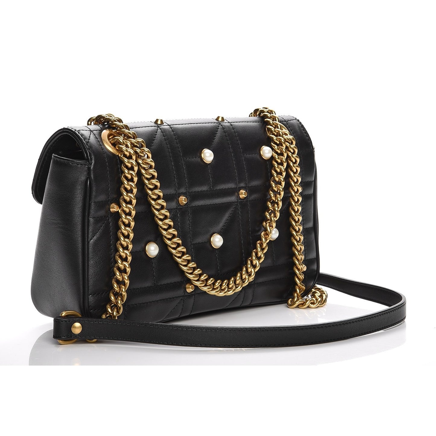 Calfskin Matelasse Studded Small Pearly GG Marmont Shoulder Bag Black