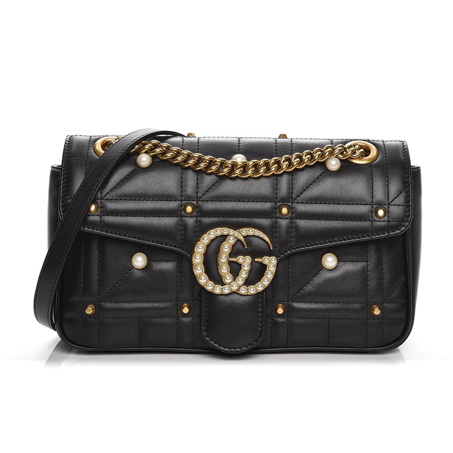 Calfskin Matelasse Studded Small Pearly GG Marmont Shoulder Bag Black