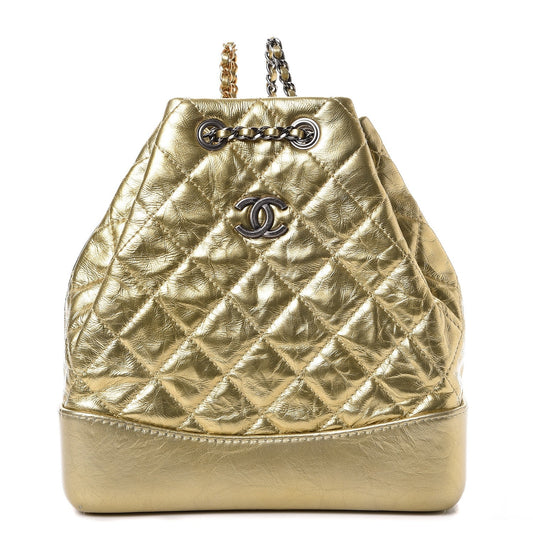 Metallic Aged Calfskin Quilted Gabrielle Backpack Gold