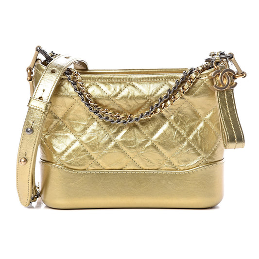 Metallic Aged Calfskin Quilted Small Gabrielle Hobo Gold
