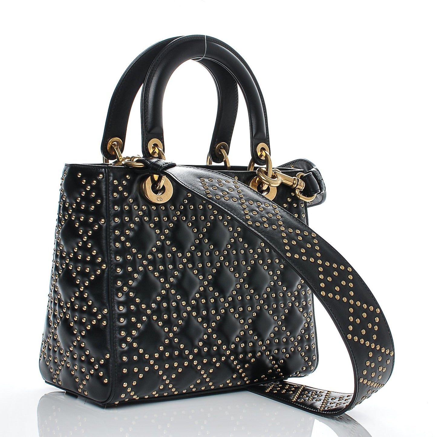 Calfskin Cannage Studded Medium Supple Lady Dior Black