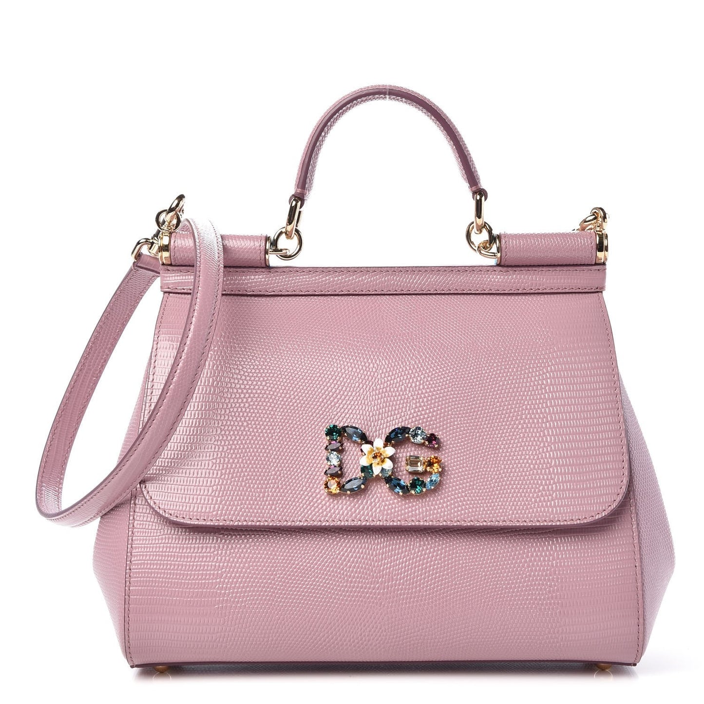 DOLCE & GABBANA Stampa Iguana Crystal Medium Miss Sicily Satchel Pink