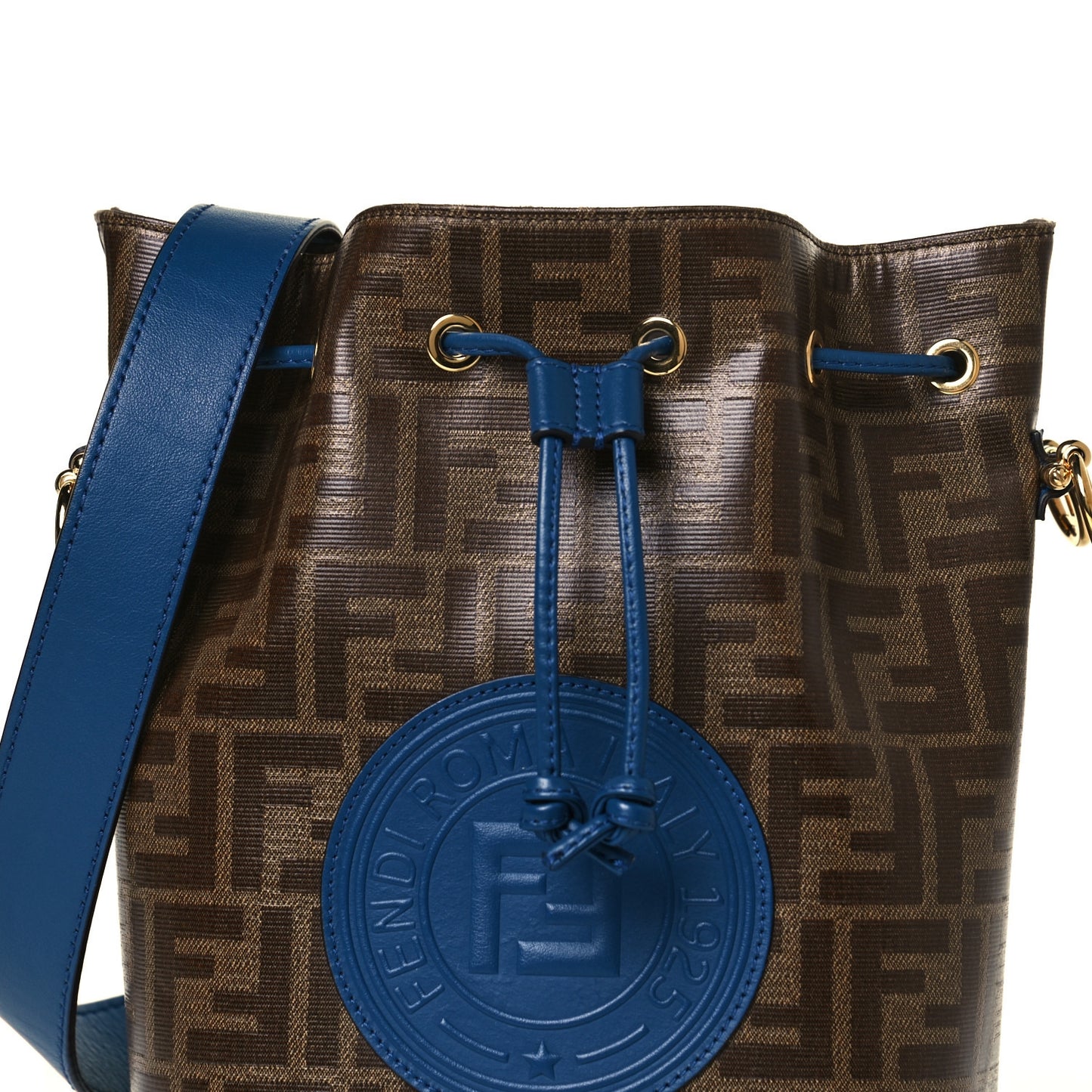 Glazed Fabric Calfskin F is Fendi FF 1974 Stamp Patch Grande Mon Tresor Bucket Bag Mogano Panna Iris