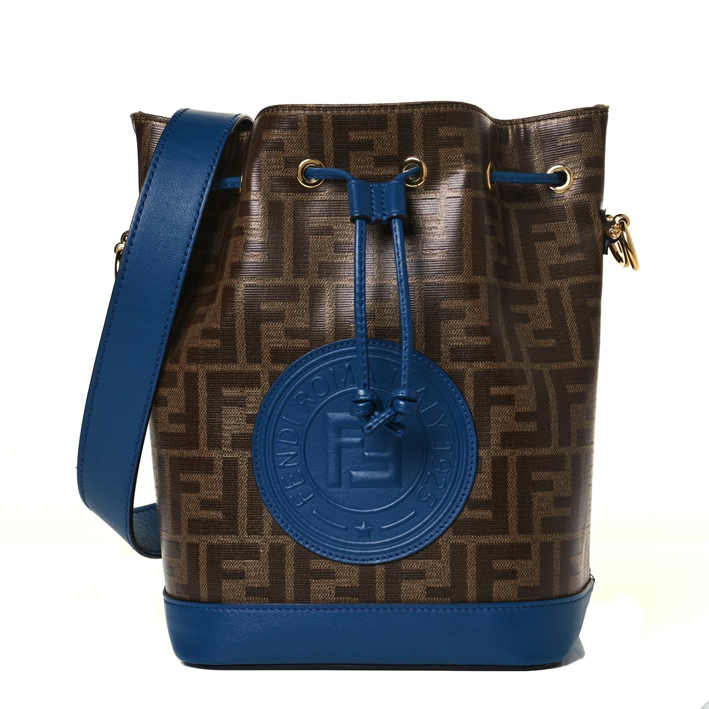 Glazed Fabric Calfskin F is Fendi FF 1974 Stamp Patch Grande Mon Tresor Bucket Bag Mogano Panna Iris