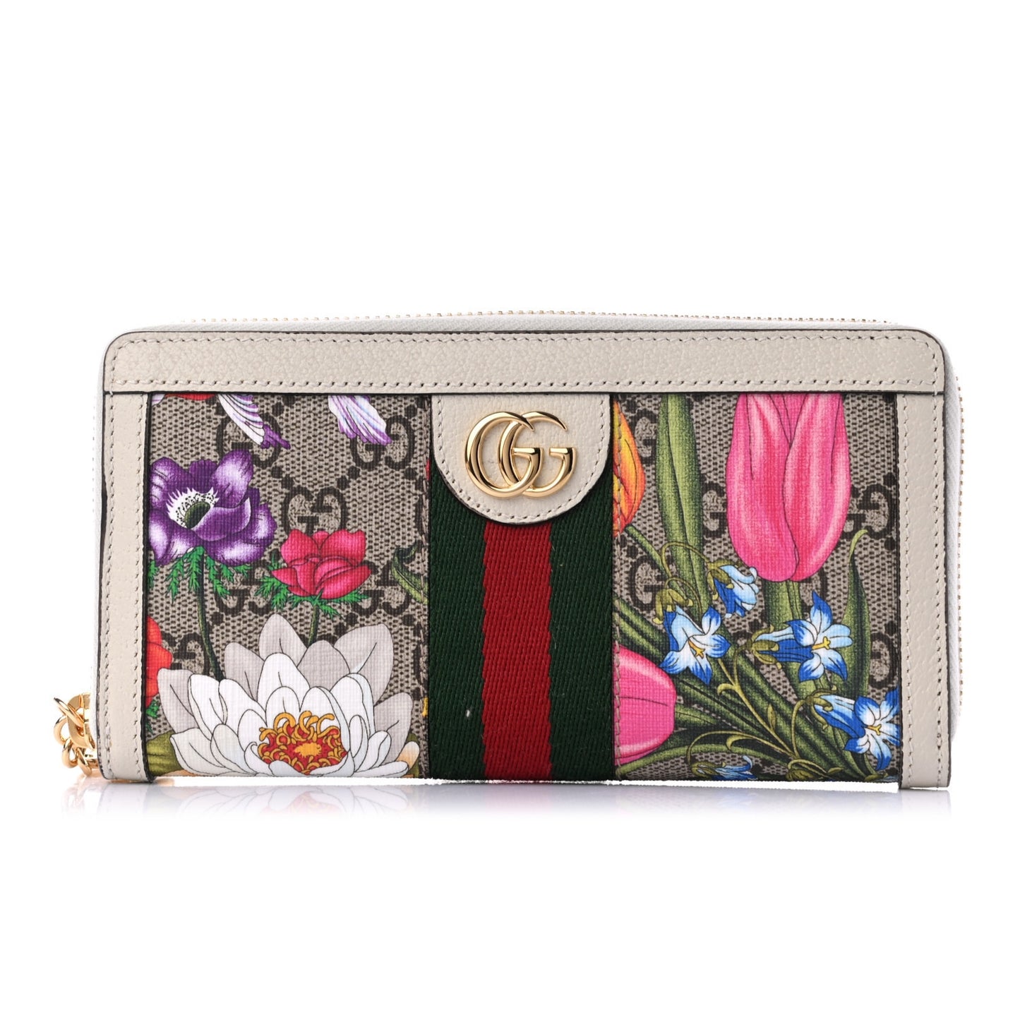 GG Supreme Monogram Flora Ophidia Zip Around Wallet White