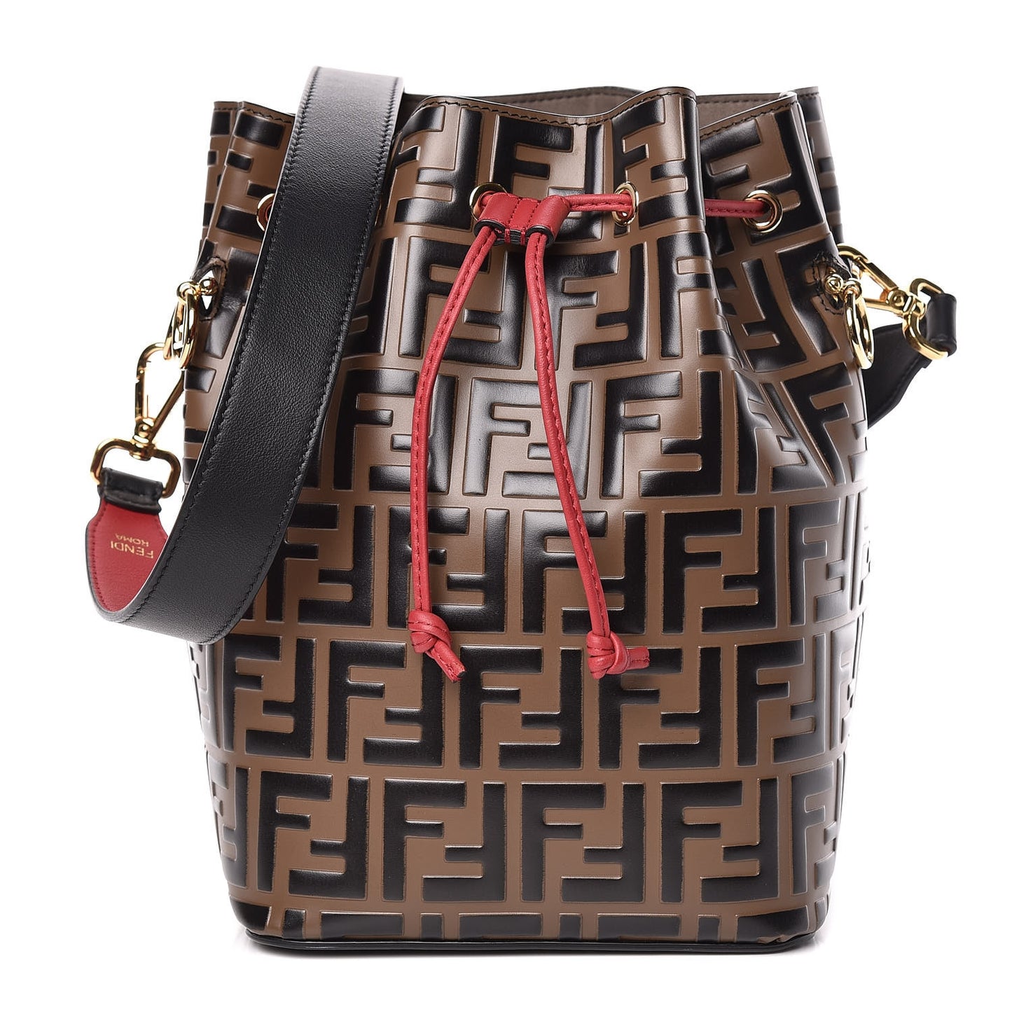 Calfskin F is Fendi FF 1974 Embossed Grande Mon Tresor Bucket Bag Maya Black Fragola