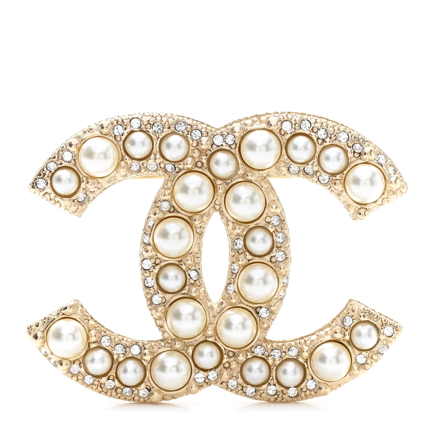 Pearl Crystal CC Brooch Gold