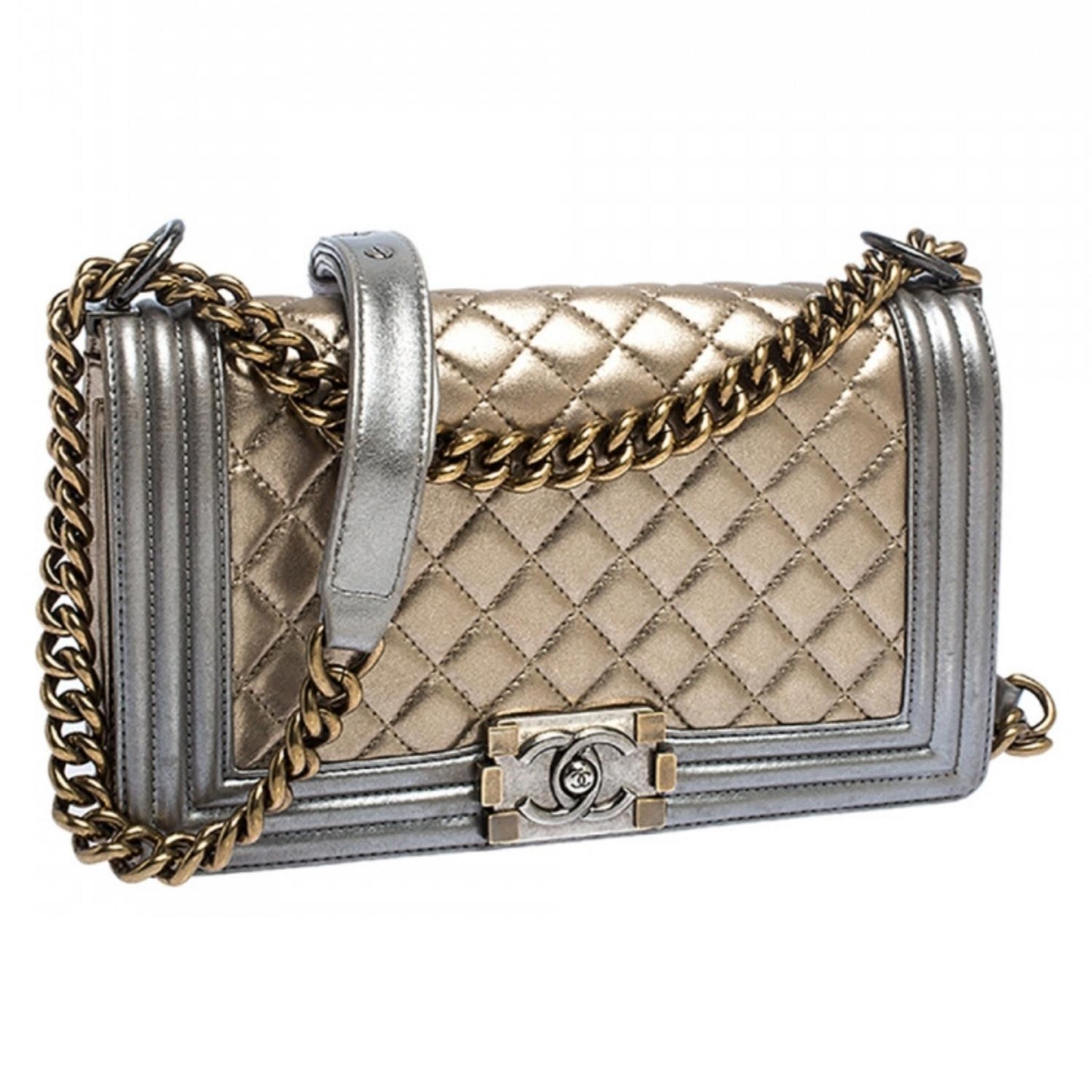 Chanel Gold/Grey Quilted Leather Medium Boy Flap Bag