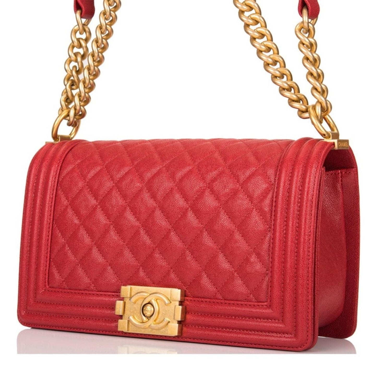 Chanel Red Quilted Caviar Medium Boy Bag Antique Gold Hardware