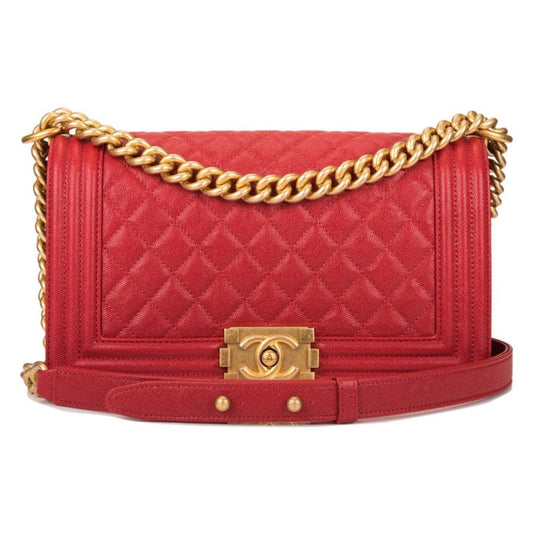 Chanel Red Quilted Caviar Medium Boy Bag Antique Gold Hardware