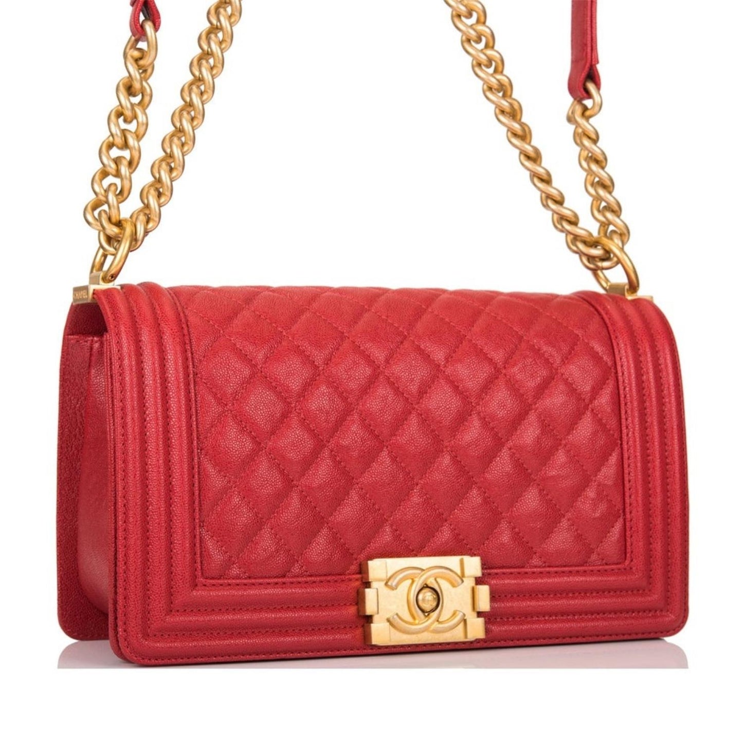 Chanel Red Quilted Caviar Medium Boy Bag Antique Gold Hardware