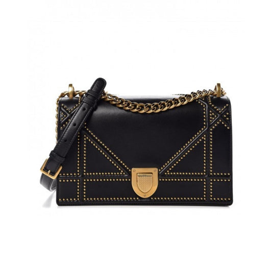 Lambskin Studded Medium Diorama Flap Bag Black